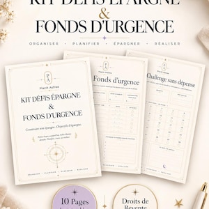 May include: A savings challenge and emergency fund kit by PlanIt Astrea featuring printed pages with gold accents. The documents include sections for financial goals, a 30-day no-spend challenge, and emergency fund tracking. Includes 10 printable pages.