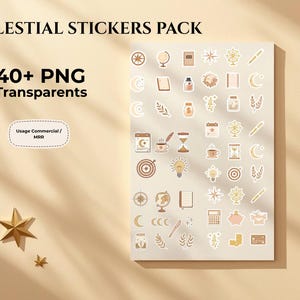 Peut inclure: Un ensemble de plus de 40 autocollants numériques sur le thème céleste au format PNG, incluant des lunes, étoiles, globes, sabliers et papeterie. Le texte indique CELESTIAL STICKERS PACK, 40+ PNG Transparents, et Usage Commercial / MRR.