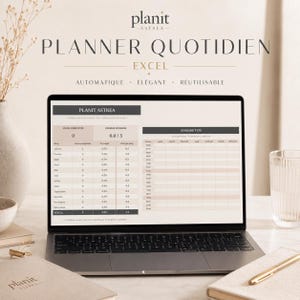 May include: A laptop screen displaying a digital daily planner template titled Planit Astrea. The interface features a dashboard with columns for monthly tracking, energy levels, and a weekly schedule grid with time slots from 06:00 to 22:00.