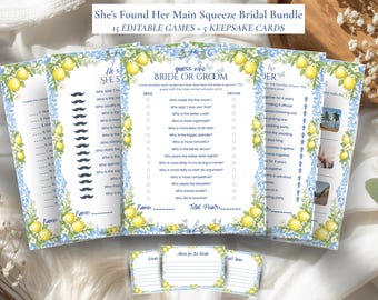 She's Found Her Main Squeeze Bridal Shower Games Bundle, Amalfi Coast Citrus Wedding Shower Games, Mediterranean Lemon Blue Bridal Shower