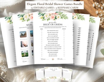 Elegant Wildflower Bridal Shower Games Bundle, Love in Bloom, Boho Garden Bridal Shower, 15 Editable Floral Games, 5 Wedding Advice Cards
