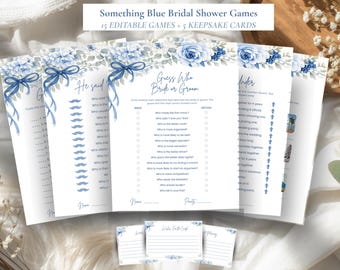 Something Blue Before I Do Bridal Shower Games Bundle, Dusty Blue Floral, 15 Editable Games Pack, 5 Wedding Advice Cards, Digital Download