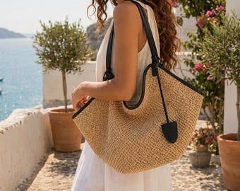 Grande borsa da spiaggia in paglia con pochette / Borsa a mano intrecciata stile boho / Borsa a tracolla per le vacanze estive / Borsa da spiaggia intrecciata