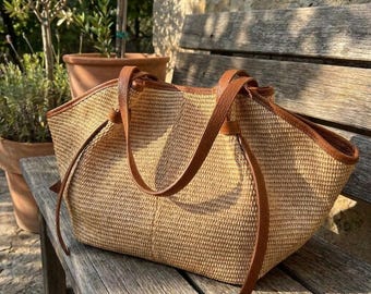 Bolsa de ombro tote em ráfia de couro genuíno | Fabricada na Itália | Bolsa italiana de palha e ráfia para o verão | Bolsa italiana com bolsos para presente