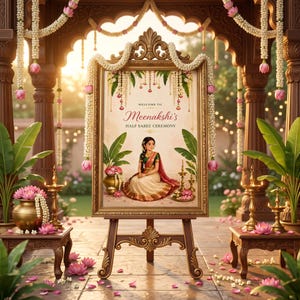 May include: A decorative gold-framed welcome sign for Meenakshi's Half Saree Ceremony, displayed on an ornate wooden easel. The sign features an illustration of a person in a traditional saree, surrounded by floral garlands, brass lamps, and lotus flowers.