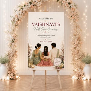 May include: A vertical welcome sign for Vaishnavi's Half Saree Ceremony on May 25, 2025. The sign features a central illustration of three people in traditional attire, with text reading, A new beginning, a beautiful tradition, a lifetime of blessings.