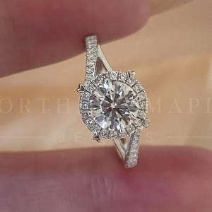 1 CT Round Halo Lab Grown Diamond Engagement Ring, Twisted Split Shank Ring, Pave Diamond Bridal Ring, Modern Halo Ring, E vvs