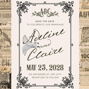 Puede incluir: Una tarjeta de save the date color crema con texto negro y un borde decorativo. El texto dice A&C, SAVE THE DATE TO CELEBRATE OUR MARRIAGE, Adeline and Claire, MAY 25, 2028, 123 ANYWHERE ST. ANY CITY. RECEPTION TO FOLLOW.