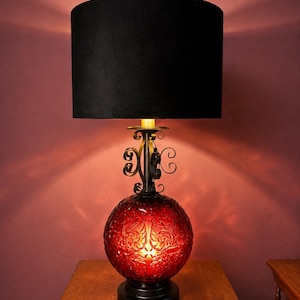 Vintage Hollywood Regency Ruby Red Embossed Glass Globe Table Lamp
