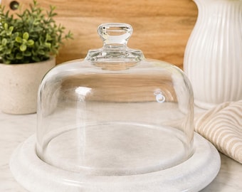 Campana para queso de mármol blanco Good Wood con cúpula de cristal / Pieza de servir de sobremesa