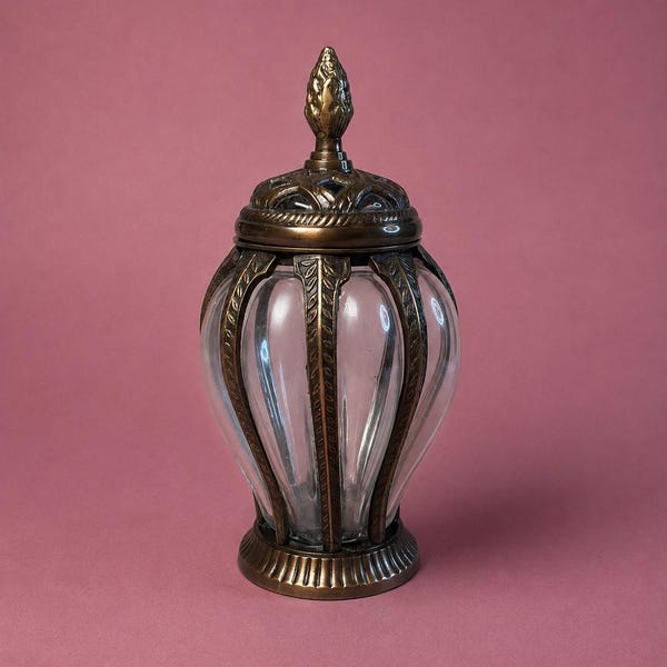 Vintage Brass Caged Bubble Glass Apothecary Jar with Lid