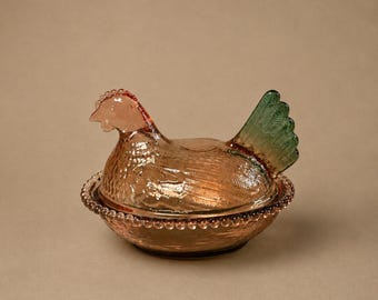 Pink Green Glass Hen on Nest Covered Dish
