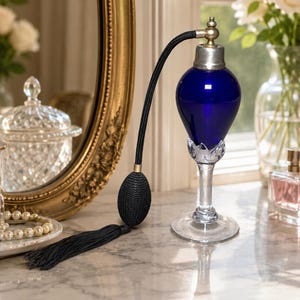May include: A cobalt blue glass perfume bottle with a silver-toned metal collar and a black fabric-covered atomizer bulb. The bottle features a clear glass stem and circular base, connected to the bulb by a black cord with a matching tassel.