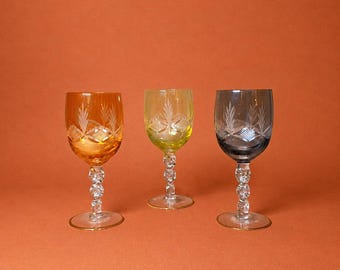 Copas de vino de cristal tallado de estilo bohemio vintage (juego de 3)