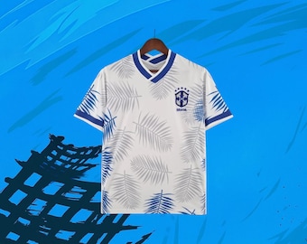 Brazil Palm Leaf Football Jersey | Tropical Soccer Shirt | White & Blue Fan Jersey | Brazil Inspired Sports Tee