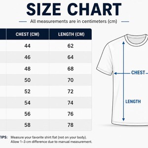 May include: A size chart for a t-shirt featuring a table with columns for size, chest in centimeters, and length in centimeters. A white t-shirt outline shows arrows indicating where to measure chest and length. Text includes SIZE CHART, TIPS, and measurements.
