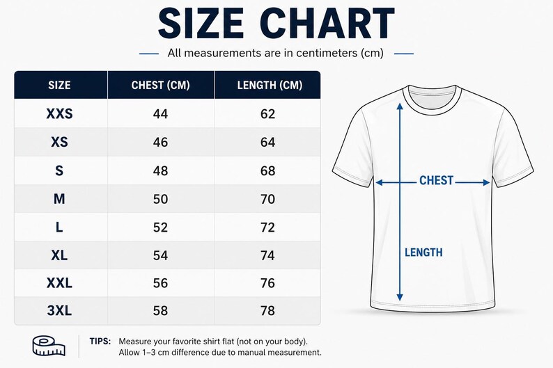 May include: A size chart for a t-shirt featuring a table with columns for size, chest in centimeters, and length in centimeters. A white t-shirt outline shows arrows indicating where to measure chest and length. Text includes SIZE CHART, TIPS, and measurements.
