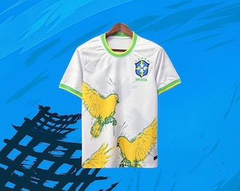 Brazil Canary Football Jersey | Tropical Bird Soccer Shirt | White Brazil Fan Jersey | Unique Sports Tee