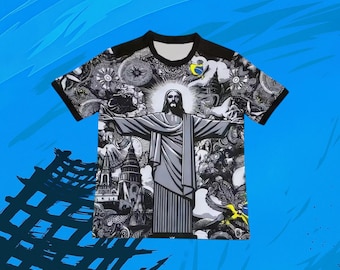 Christ The Redeemer Football Jersey | Brazil Inspired Soccer Shirt | Black And White Graphic Jersey | Faith & Football Tee