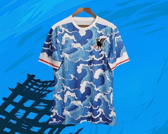 Japanese Wave Football Jersey | Ocean Inspired Soccer Shirt | Blue Wave Fan Jersey | Japanese Art Sports Tee