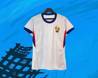 France Vintage Football Jersey for Adults – Retro French Soccer Shirt – Classic White Pinstripe Design