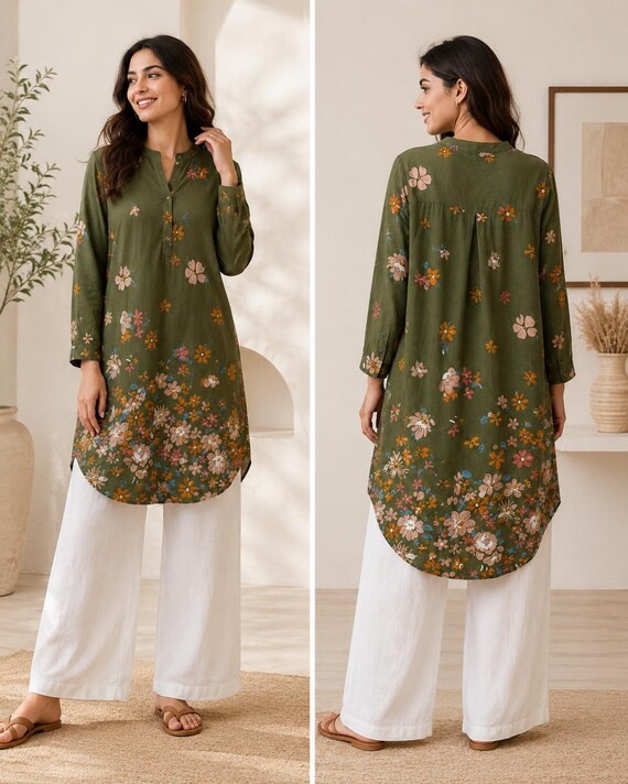 Women Floral Kurti, Long Printed Tunic Top, Loose Fit Modest Wear, Casual Ethnic Top, Boho Shirt, Everyday Clothing