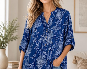 Italian Floral Print Oversized Cotton Top, Boho Tunic Blouse for Women, Roll Sleeve Loose Fit Summer Shirt with Pocket