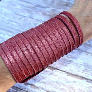 Soft Red / Copper Metallic / Wide Leather / Sliced / Cuff / 4 Bracelet / Statement /Boho image 1