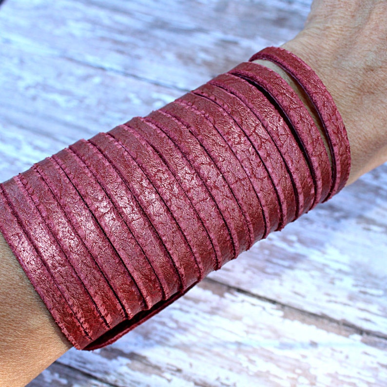 Soft Red / Copper Metallic / Wide Leather / Sliced / Cuff / 4 Bracelet / Statement /Boho image 1