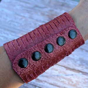 Soft Red / Copper Metallic / Wide Leather / Sliced / Cuff / 4 Bracelet / Statement /Boho image 3