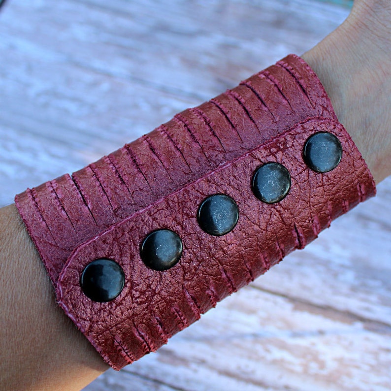 Soft Red / Copper Metallic / Wide Leather / Sliced / Cuff / 4 Bracelet / Statement /Boho image 3