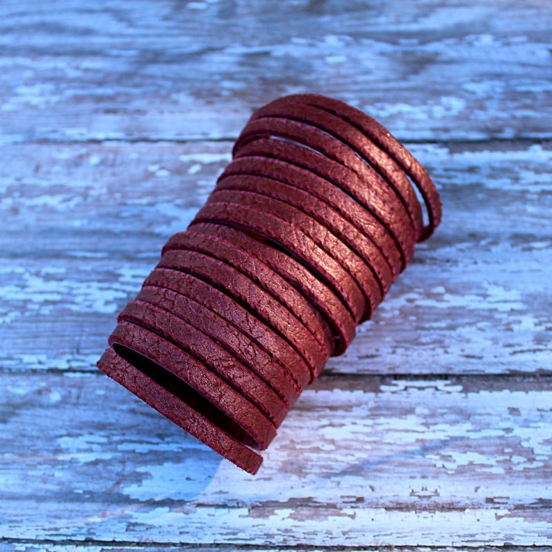 Soft Red / Copper Metallic / Wide Leather / Sliced / Cuff / 4 Bracelet / Statement /Boho image 2