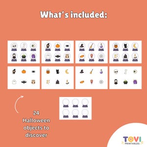 May include: A printable set featuring the text What's included: and 24 Halloween objects to discover. The collection displays various icons like skulls, pumpkins, ghosts, and cats, both inside crystal balls and as individual graphics on a white sheet.