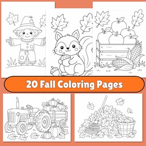 Puede incluir: Una colección de 20 páginas para colorear de otoño con ilustraciones en blanco y negro de un espantapájaros, una ardilla con una bellota, una caja de manzanas, maíz, un tractor con calabazas y un rastrillo con hojas de otoño.