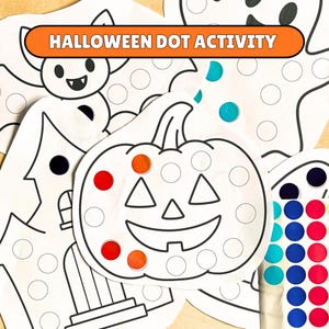 May include: A Halloween dot activity set featuring black and white line art of a pumpkin, a bat, and a haunted house. The pumpkin has some circles filled with red and orange dots. An orange banner at the top reads HALLOWEEN DOT ACTIVITY.