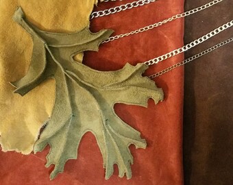 Set of five Hand stitched Leather leaves with attaching hooks - made to order