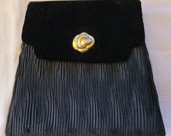 Black Pleated Silk and Velvet Evening Bag - clutch or shoulder strap