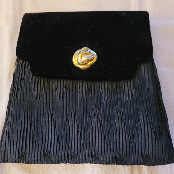 Black Pleated Silk and Velvet Evening Bag - clutch or shoulder strap