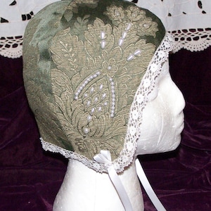 Custom Coif: Beaded or Appliqued Custom Coif, Your choice of fabric, lace, trim, fully lined. Made to order. image 1