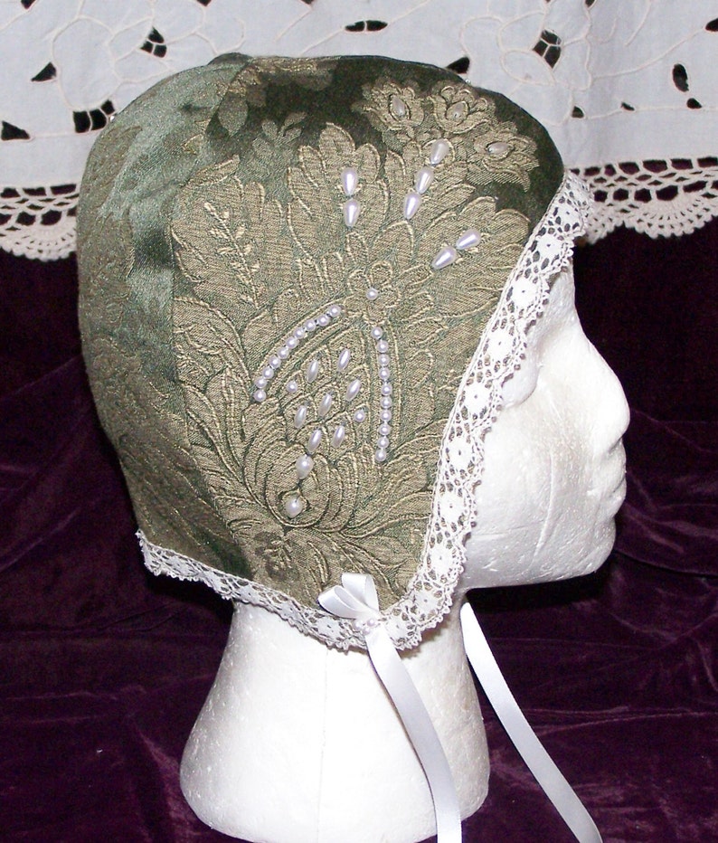 Custom Coif: Beaded or Appliqued Custom Coif, Your choice of fabric, lace, trim, fully lined. Made to order. image 1