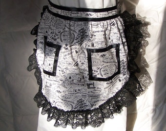 Sewing Notion Print, Black and White ruffled Apron