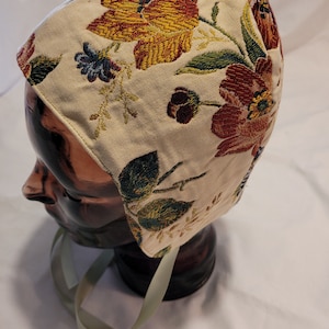 Floral Brocade Coif: Satin Lined Head Covering (Size Small)