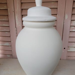 May include: A matte white ceramic jar with a rounded body and a matching removable lid. The lid features a pointed finial at the top. The jar has a smooth, unglazed surface, showcasing a clean, neutral appearance suitable for various decorative projects.