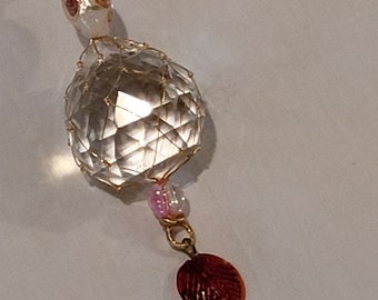 Clear Faceted Crystal Ball in Hand Tied Gold Filled Silver Net, with Red Glass Heart and Lobster Claw Clasp