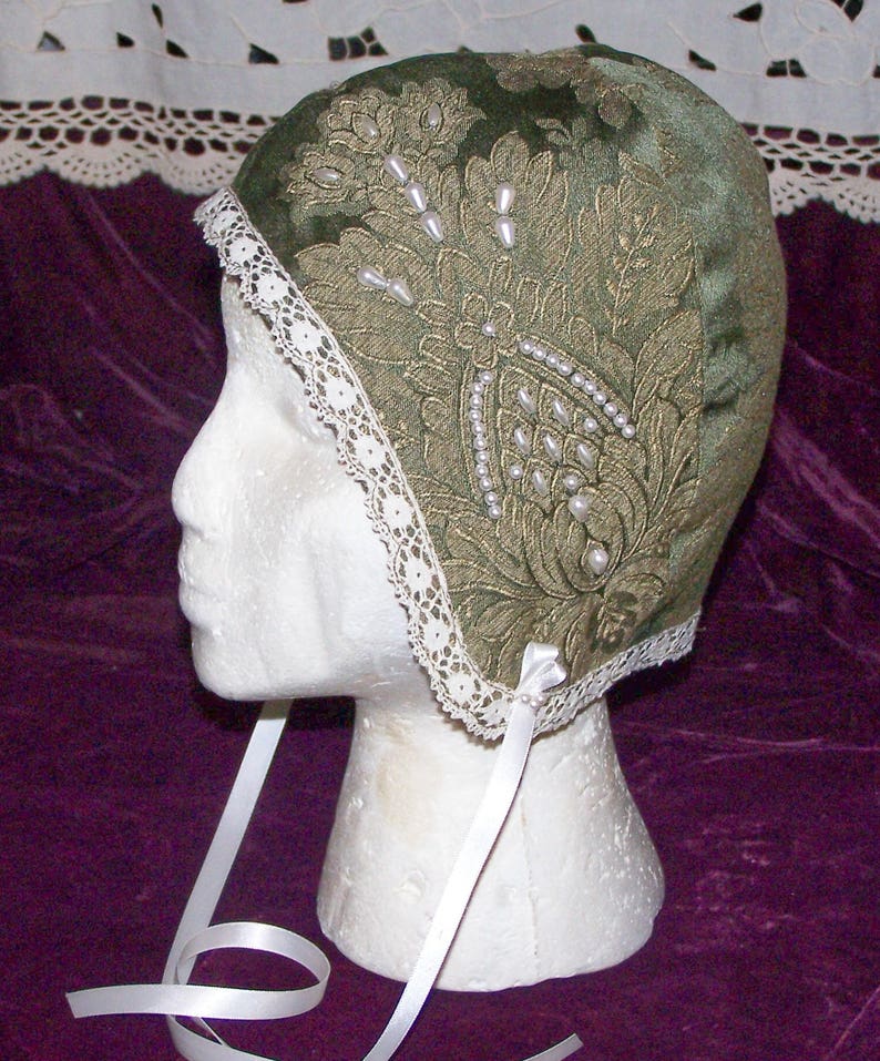 Custom Coif: Beaded or Appliqued Custom Coif, Your choice of fabric, lace, trim, fully lined. Made to order. image 4