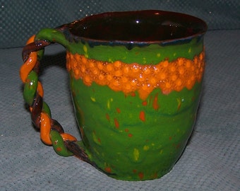 Cheerful Orange and Green mug with braided handle