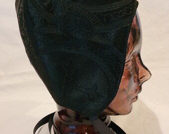 Black Brocade Coif, Cotton lined, Size Small (approximately 21"- 22")