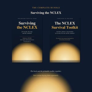 May include: A dark blue bundle featuring two books titled Surviving the NCLEX and The NCLEX Survival Toolkit. The covers display gold text and a glowing yellow light effect at the bottom. The text includes The Complete Bundle and descriptions.