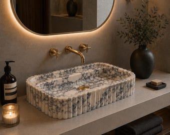 Waschbecken aus Calacatta Viola Marmor, geripptes Aufsatzwaschbecken zur Wand- oder Aufsatzmontage