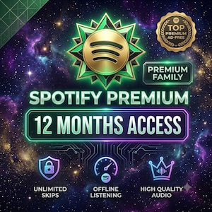 May include: A digital graphic for Spotify Premium 12 Months Access featuring a gold star emblem, a badge labeled Top Premium Ad-Free, and text for Premium Family. Icons represent unlimited skips, offline listening, and high quality audio.